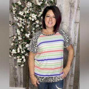 NWT Women’s Coral/Purple Striped Leopard Short Sleeve Top, SZ- XL